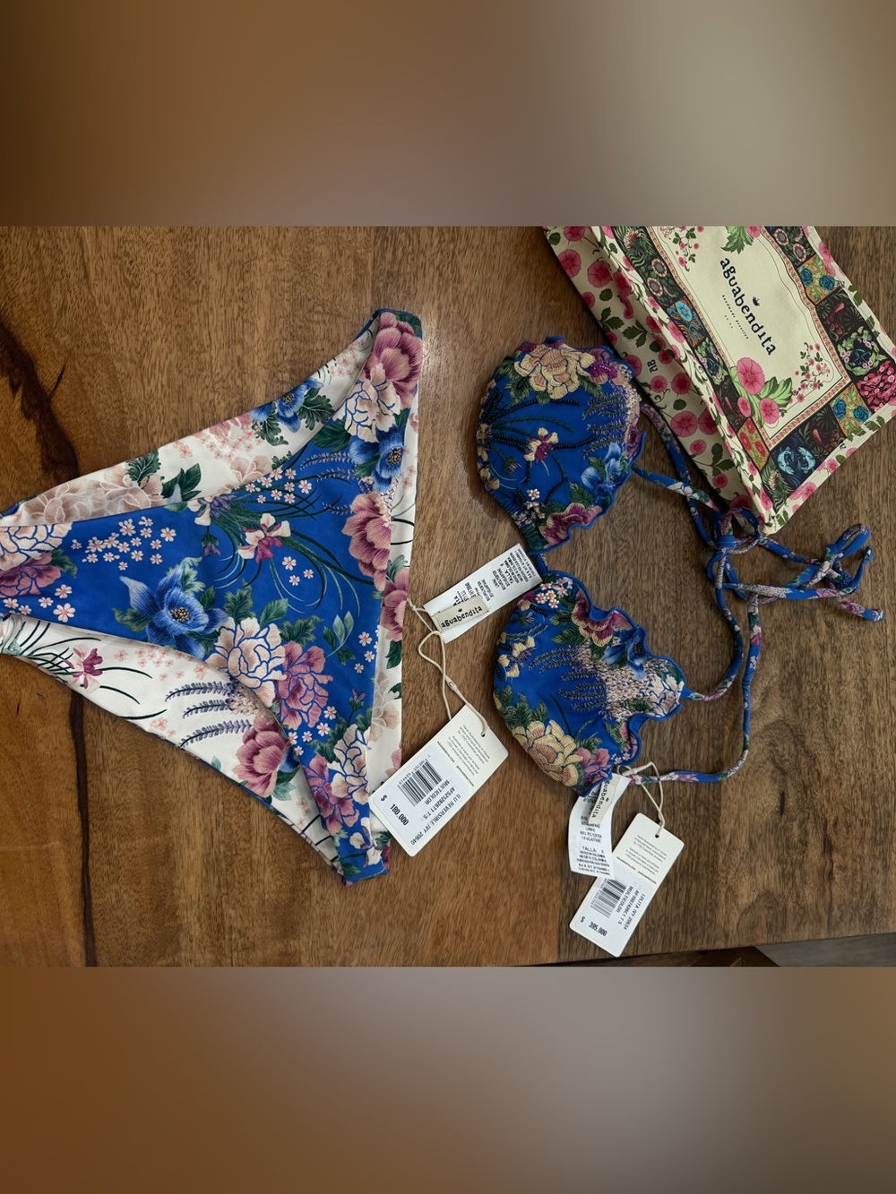 Agua Bendita Blue Floral Bikini Set with Pink and Cream Accents